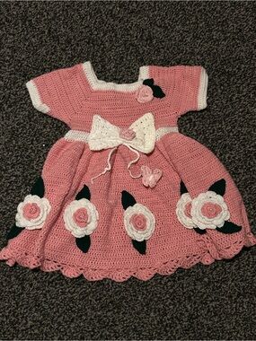 Handmade Pink Crocheted Baby Romper with White Flowers